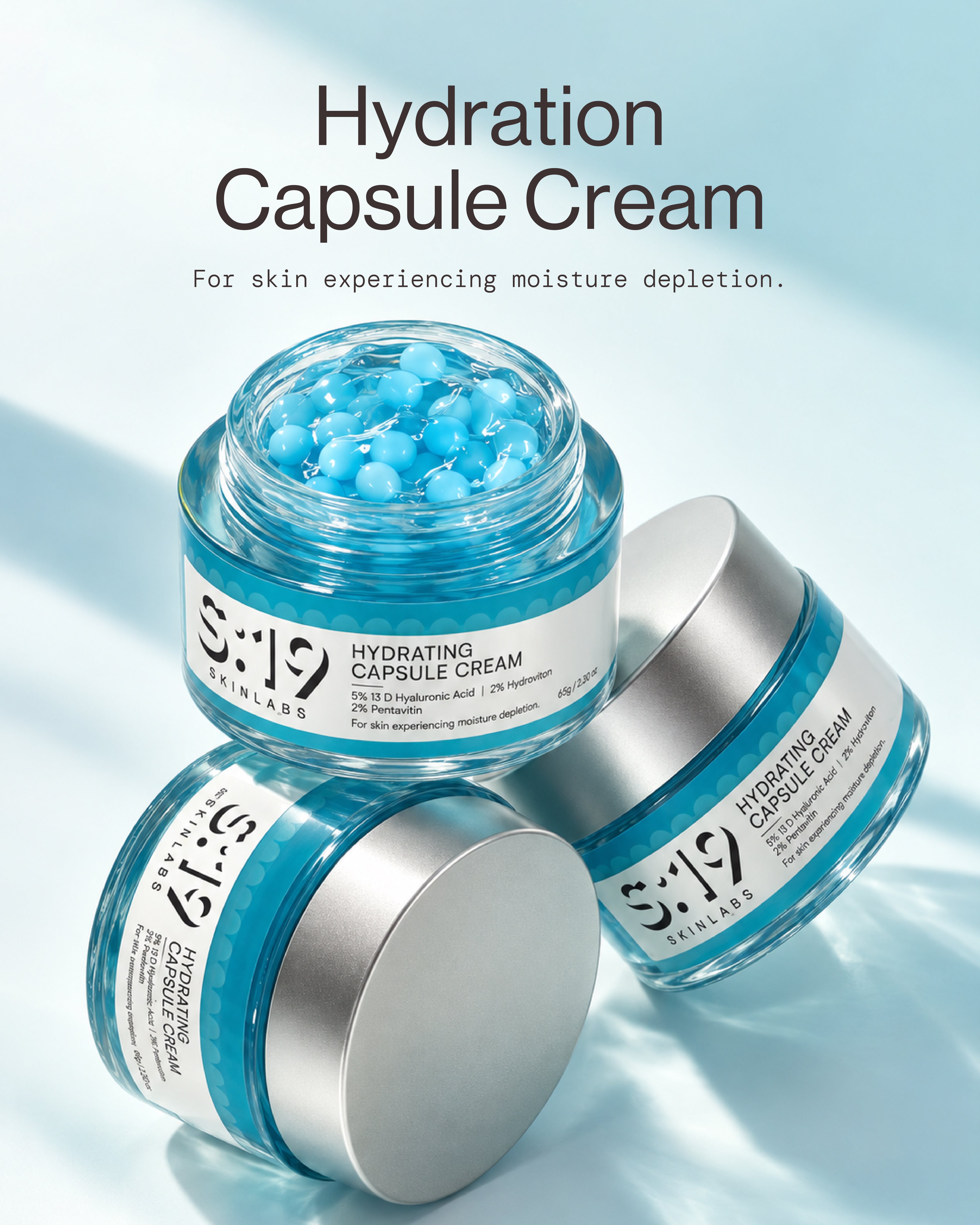 Hydrating Capsule Cream open jars showing blue hyaluronic acid capsules