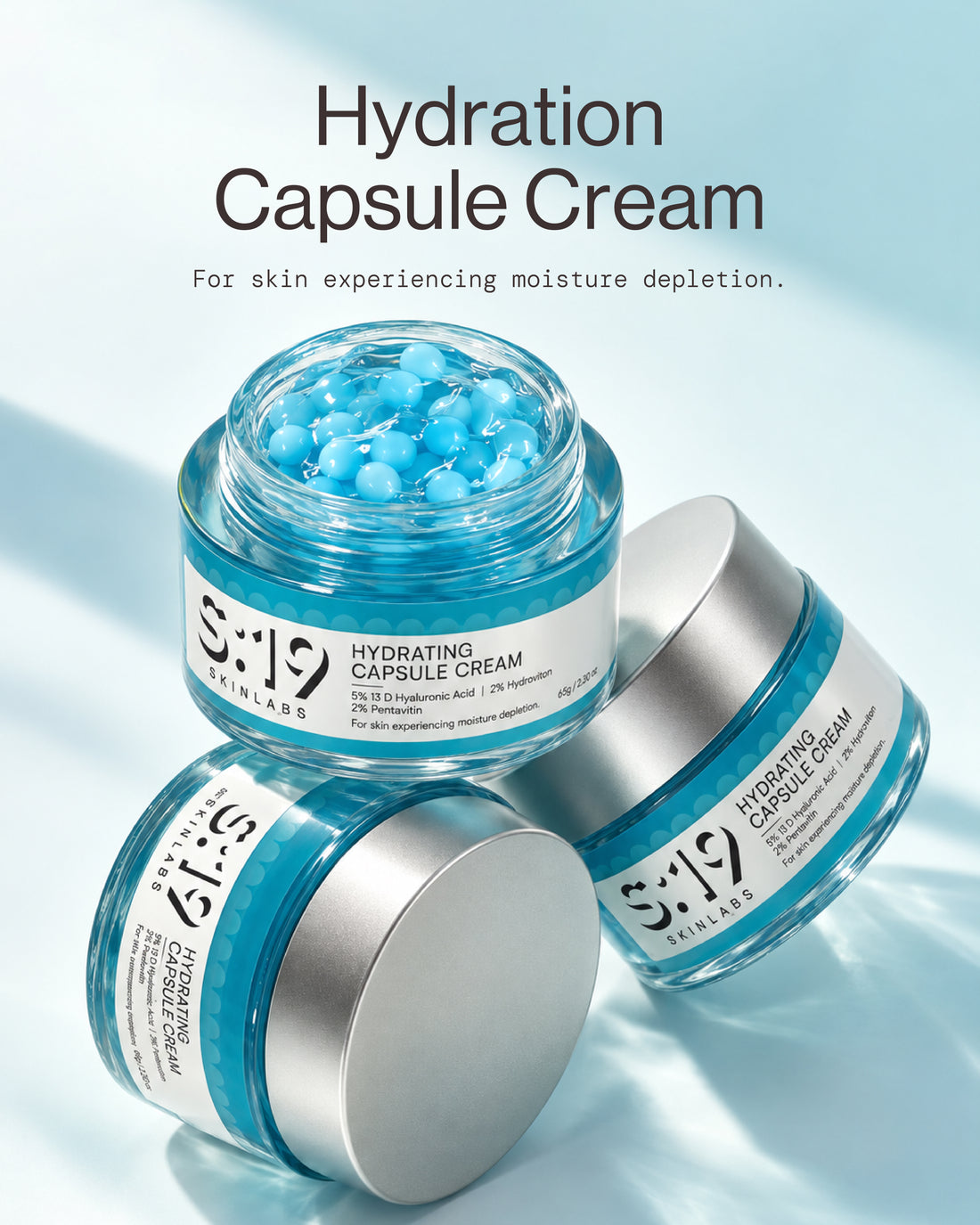 Hydrating Capsule Cream open jars showing blue hyaluronic acid capsules