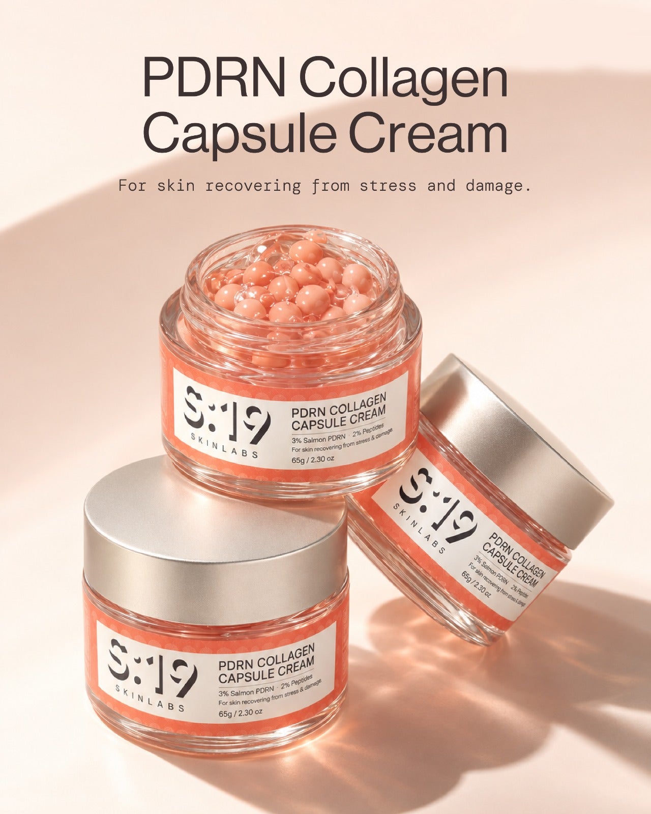 PDRN Collagen Capsule Cream open jars showing coral salmon PDRN and peptide capsules